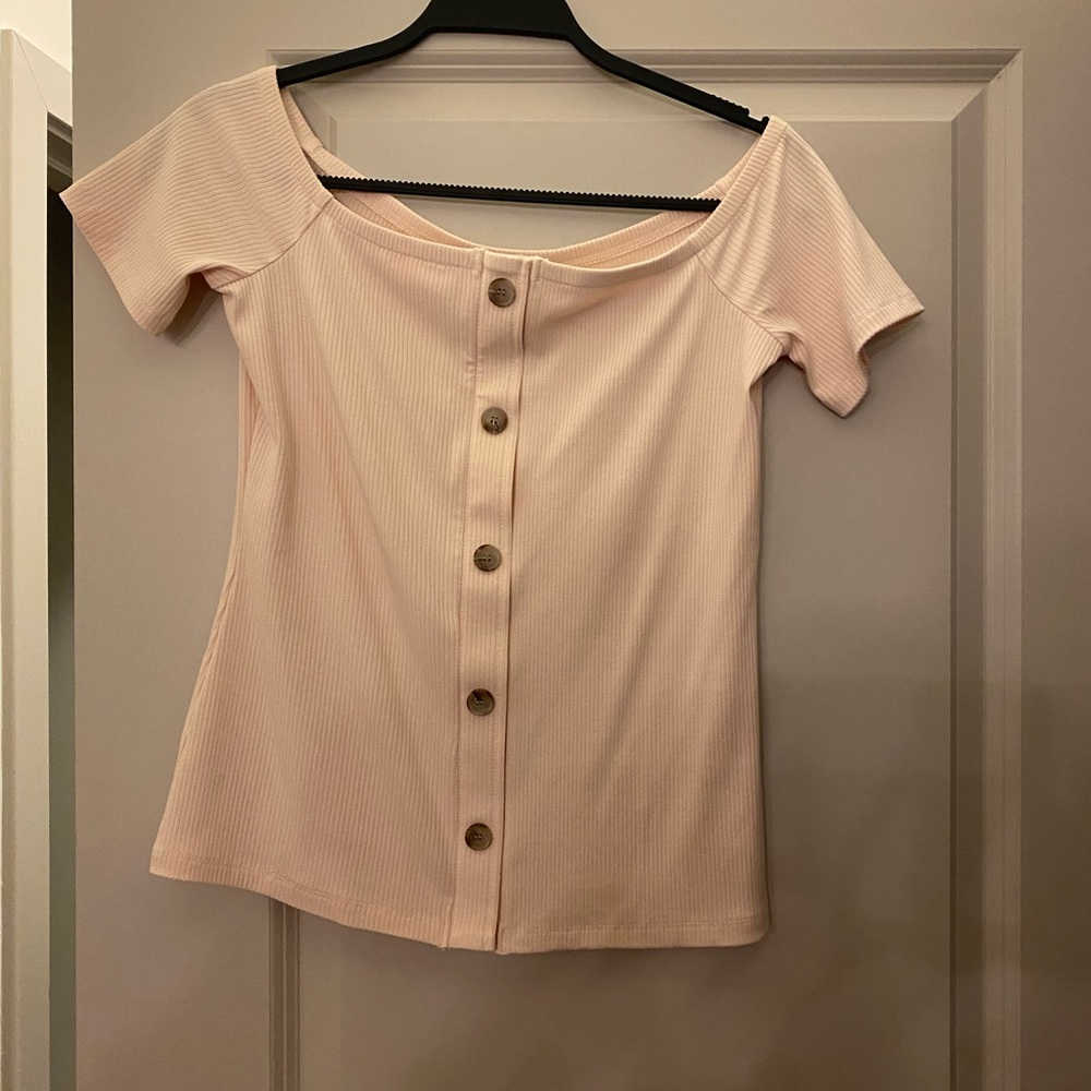 Off the shoulder button knit top